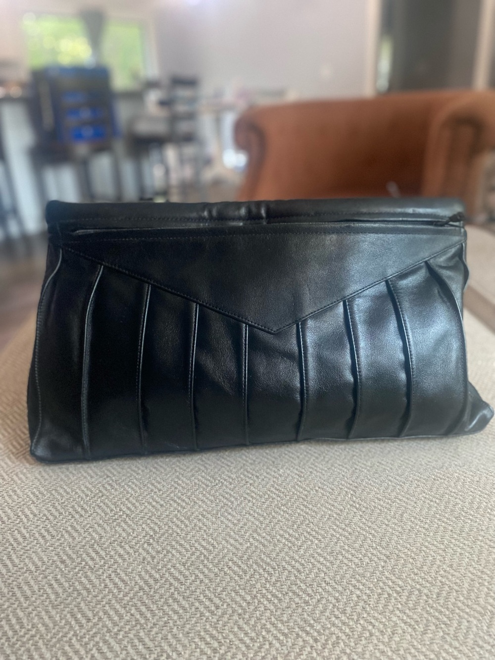 Anne Klein Black Pleated Leather Fold-Over Clutch